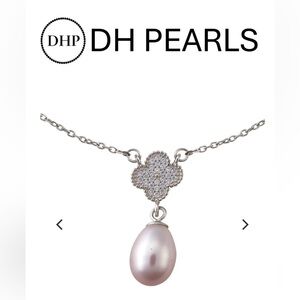 DH Pearls Sterling Silver Pink Teardrop Pearl Crystal Clover 🍀 Pendant Necklace